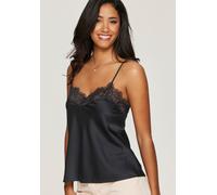 Spaghettitop LASCANA "Seidentop, Spitzentop, Alana", Damen, Gr. 40/42, schwarz, Spitze, Obermaterial: 87% Seide, 7% Polyamid, 6% Elasthan, tiefer V-Ausschnitt, Tops, mit Seide und edler Spitze, Dessou