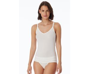 Spaghettitop SCHIESSER "Personal Fit", Damen, Gr. XL, beige (naturweiß), Single Jersey, Obermaterial: 55% Viskose, 25% Polyester, 20% Elasthan, figurbetont hüftbedeckend, V-Ausschnitt, Tops, V-Ausschn