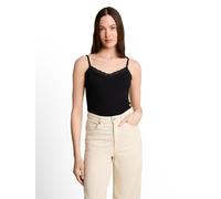 Spaghettitop TOM TAILOR DENIM, Damen, Gr. L, deep schwarz, Feinripp, Obermaterial: 93% Baumwolle, 7% Elasthan, unifarben, körpernah hüftbedeckend, V-Ausschnitt, Tops, Sommertop mit Spitze (63463333-L)