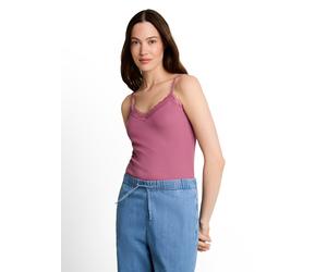 Spaghettitop TOM TAILOR DENIM, Damen, Gr. S, dusty berry, Feinripp, Obermaterial: 93% Baumwolle, 7% Elasthan, unifarben, körpernah hüftbedeckend, V-Ausschnitt, Tops, Sommertop mit Spitze (51439657-S)