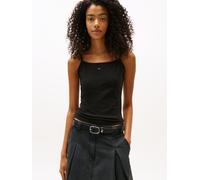 Spaghettitop TOMMY JEANS "TJW ESSENTIAL STRAP TOP EXT", Damen, Gr. XS (34), schwarz, Jersey, Obermaterial: 95% Baumwolle, 5% Elasthan, unifarben, Basic, slim fit kurz, Rundhals, Tops, mit Logostickere