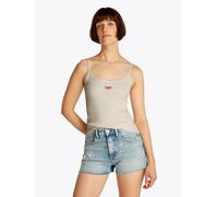Spaghettitop TOMMY JEANS "TJW SCRIPT STRAPPY TOP", Damen, Gr. L (40), weiß (ancient weiß), Single Jersey, Obermaterial: 95% Baumwolle, 5% Elasthan, unifarben, Basic, slim fit kurz, Rundhals, Tops, in 
