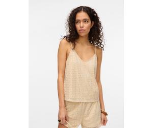 Spaghettitop VERO MODA "VMMAYA V-NECK SINGLET TOP JRS", Damen, Gr. S, beige (birch), Jersey, Obermaterial: 95% Polyester, 5% Elasthan, unifarben, regular fit normal, V-Ausschnitt, Tops, Materialmix, r
