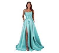 Spaghettiträger Satin-Abschlussballkleider mit Schlitz, A-Linie, Korsett, Ballkleider, lang, formell, Abendkleid, Partykleid mit Taschen, türkis, 32