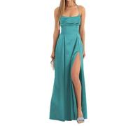 Spaghettiträger, Satin, Brautjungfernkleider, lang, für Damen, formell, plissiert, Aline, Korsett, Ballkleid mit Schlitz, aqua blue, 36