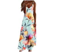 Spaghettiträger Sommerkleid Damen V-Ausschnitt Kleider Damen Bohemian Resort Kleid Strandkleid Druck Langes Kleid V-Kragen Sexy Mode Strandkleid Elegantes Partykleid Blumenkleid
