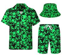 Spanoous Rave-Outfits für Herren, Hemd-Set, Hawaii-Hemden und Shorts, lustige Hawaii-Hemden für Herren, Strand-Outfits mit Eimerhüten, Größe 48-XL, Größe XL, Grün