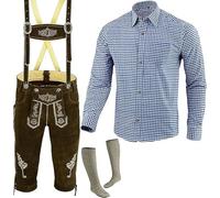 Speed4allkinds Trachten Set Herren Trachten Lederhose Herren Größe 46-62 Bayerische Traditionelle Echt Lederhose für Oktoberfest Trachtenset,Hose,Hemd,Socken Neu (Lederhose 48 Blau Hemd M Socken 43)