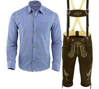 Speed4allkinds Herren Trachten Lederhose mit Träger Echt Lederhose für Oktoberfest Größe 46-62 Dunkelbraun Hosenträger Trachtenlederhose Oktoberfest Outfit Blau Rot Hemd (Lederhose 56 Blau Hemd XL)