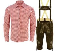 Speed4allkinds Herren Trachten Lederhose mit Träger Echt Lederhose für Oktoberfest Größe 46-62 Dunkelbraun Hosenträger Trachtenlederhose Oktoberfest Outfit Blau Rot Hemd (Lederhose 46 Rotes Hemd M)
