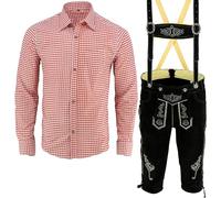 Speed4allkinds Herren Trachten-Set: Schwarze Lederhose mit Hosenträgern + Rot/Blau-Weiß kariertes Hemd - Größe 46-62