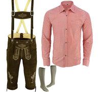 Speed4allkinds Trachten Set Herren Trachten Lederhose Herren Größe 46-62 Bayerische Traditionelle Echt Lederhose für Oktoberfest Trachtenset,Hose,Hemd,Socken Neu (Lederhose 54 Rot Hemd XXL Socken 43)