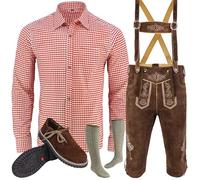 Speed4allkinds Trachtenset Trachten Set Herren Trachtenlederhose+Hosenträger +Trachtenhemd+Schuhe+Socken 5 Teiliges Bayerische Trachten Set, Echtleder,Hochwertiges Trachtenset für Oktoberfest Gr.46-62