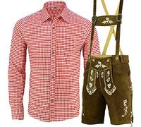 Speed4allkinds Trachtenset Trachten Set Herren Trachtenlederhose Kurz Blau Hemd Socken LE27HSO (60, Rot Weiß Kariert Hemd XXL)