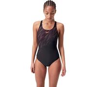 Speedo Hyperboom Placement Muscleback Badeanzug | Schnelltrocknend | Training | Fitness | Chlorbeständig für Damen, Schwarz/Sirenenrot/Plum Dandy, 34