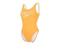 Speedo Damen Badeanzug Logo-Einteiler mit Streifen Tiefer Rückenausschnitt Hoher Beinausschnitt, Mango/Weiß, 38 (DE 42), 812369