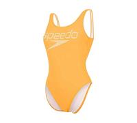 Speedo Damen Badeanzug Logo-Einteiler mit Streifen Tiefer Rückenausschnitt Hoher Beinausschnitt, Mango/Weiß, 32 (DE 36), 812369