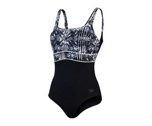 Speedo Damen Formgebender Countour Eclipse Badeanzug mit Print | Shapewear | Strand- und Urlaubsbademode Schwimmbekleidung, Schwarz/Oxid Grey/Weiß, 36/12