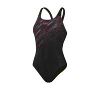 Speedo - "Hyperboom Placement" Badeanzug für Damen, Halboffener Rücken (Schwarz/Pink/Holzkohle) EU 34 / UK 6