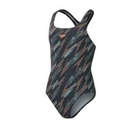 Speedo Hyperboom Allover Medalist Badeanzug Chlorbeständig Schnelltrocknend für Mädchen, Schwarz/Landgrün/Nektarine, 5-6 Jahre