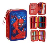Spider-Man Dreifach-Federmäppchen mit komplettem Zubehör und originalem Marvel-Design - Spiderman-Federmäppchen, Buntstifte und Zubehör für Kinder