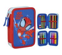 Spidey Federmäppchen mit 3 Fächern, Blau, 12,5 x 4,5 x 19,5 cm, aus Polyester und PVC, mit Reißverschluss, inklusive Zubehör, Originalprodukt, entworfen in Spanien, blau, Spidey Federmäppchen mit 3
