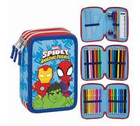 Spidey Marvel Federmäppchen mit 3 Fächern für Kinder, Schulmäppchen in Blau, mit 3 Reißverschlüssen und Schreibwarenzubehör, offizielles Lizenzprodukt, ideal für Schule und Schulanfang