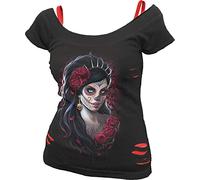 Spiral Direct Damen Day of The Dead-2in1 Ripped Top T-Shirt, Schwarz (Black & Red 005), 38 (Herstellergröße: Medium)