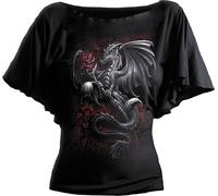 Spiral Direct Damen Dragon Rose - Boat Neck Bat Sleeve Top Black T-Shirt, Schwarz (Black 001), 38 (Herstellergröße: Medium)
