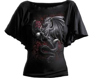 Spiral Direct Damen Dragon Rose - Boat Neck Bat Sleeve Top Black T-Shirt, Schwarz (Black 001), 38 (Herstellergröße: Medium)