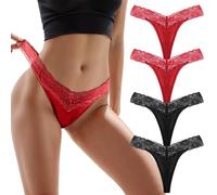 Spitze String Tanga Nahtlos Damen Hohe Taille Seamless High Waist UnterwäSche Nahtlose Unterhosen Lace Hipster Slip Unterhose Panty Mehrpack Baumwolle Atmungsaktive Thong Underwear, 4 Pack (Red, XS)