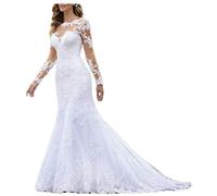 Spitzen Applikationen Langarm Hochzeitskleid Standesamtliche Brautkleid, WZEFEIO, Elfenbein, 48