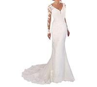 Spitzen Hochzeitskleid V-Ausschnitt Brautmode Kleid mit Ärmel, WZEFEIO, Weiß, 36
