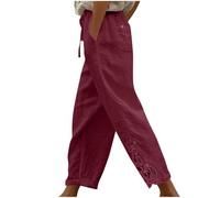 Spitzen Leinenhose Damen,Weitem Bein Freizeithose Leicht Sommerhose Einfarbige Stoffhose Elastischem Bund mit Kordelzug Strandhose mit Taschen Jogginghose Loose Fit Casual Palazzo Hose