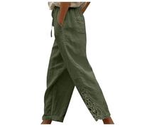 Spitzen Leinenhose Damen,Weitem Bein Freizeithose Leicht Sommerhose Einfarbige Stoffhose Elastischem Bund mit Kordelzug Strandhose mit Taschen Jogginghose Loose Fit Casual Palazzo Hose