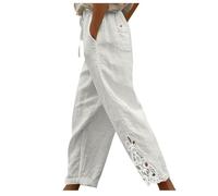 Spitzen Leinenhose Damen,Weitem Bein Freizeithose Leicht Sommerhose Einfarbige Stoffhose Elastischem Bund mit Kordelzug Strandhose mit Taschen Jogginghose Loose Fit Casual Palazzo Hose
