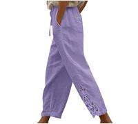 Spitzen Leinenhose Damen,Weitem Bein Freizeithose Leicht Sommerhose Einfarbige Stoffhose Elastischem Bund mit Kordelzug Strandhose mit Taschen Jogginghose Loose Fit Casual Palazzo Hose