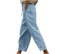 Spitzen Leinenhose Damen,Weitem Bein Freizeithose Leicht Sommerhose Einfarbige Stoffhose Elastischem Bund mit Kordelzug Strandhose mit Taschen Jogginghose Loose Fit Casual Palazzo Hose