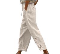 Spitzen Leinenhose Damen,Weitem Bein Freizeithose Leicht Sommerhose Einfarbige Stoffhose Elastischem Bund mit Kordelzug Strandhose mit Taschen Jogginghose Loose Fit Casual Palazzo Hose