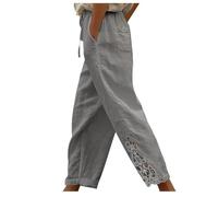 Spitzen Leinenhose Damen,Weitem Bein Freizeithose Leicht Sommerhose Einfarbige Stoffhose Elastischem Bund mit Kordelzug Strandhose mit Taschen Jogginghose Loose Fit Casual Palazzo Hose