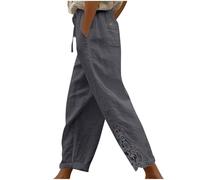 Spitzen Leinenhose Damen,Weitem Bein Freizeithose Leicht Sommerhose Einfarbige Stoffhose Elastischem Bund mit Kordelzug Strandhose mit Taschen Jogginghose Loose Fit Casual Palazzo Hose