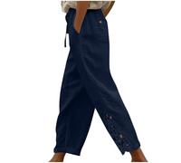 Spitzen Leinenhose Damen,Weitem Bein Freizeithose Leicht Sommerhose Einfarbige Stoffhose Elastischem Bund mit Kordelzug Strandhose mit Taschen Jogginghose Loose Fit Casual Palazzo Hose