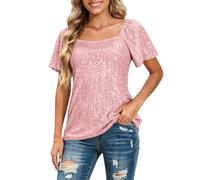 Spitzen Oberteile Damen, Glitzer Pailletten Shirt Party Top Bluse Tunika Frauen Pullover Festliche Silvester Outfit Elegant Glitzershirt Kurzarm Elegante Oberteile Damen