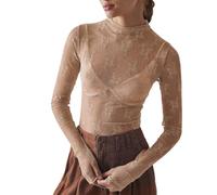 Spitzen Oberteile Damen Mesh Oberteil Damen Sexy Netzoberteil Top Durchsichtiges Langarm Elegant Spitze Bluse Durchsichtig Blumenmuster Tops Spitzenoberteil Langarmshirt Festival Outfit (A03-Coffee, M