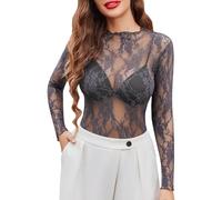 Spitzen Oberteile Damen Mesh Transparent Oberteil Langarm Elegant Spitze Top Bluse Sexy Durchsichtig Blumenmuster Tops Spitzenshirt Sheer Netz Spitzenoberteil Langarmshirt Festival Outfit