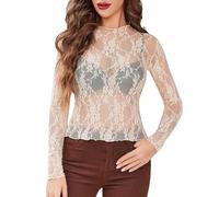 Spitzen Oberteile Damen Mesh Transparent Oberteil Langarm Elegant Spitze Top Bluse Sexy Durchsichtig Blumenmuster Tops Spitzenshirt Sheer Netz Spitzenoberteil Langarmshirt Festival Outfit