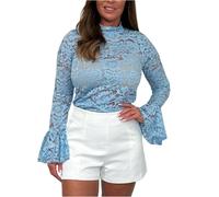 Spitzen Oberteile Damen Party Top Lace Spitzen Extra Wickelbluse Durchsichtig Durchsichtiges Transparentes Festliches Oberteil Cut Out Viktorianische Damen Shirt Langarm Himmelblau M