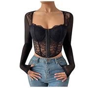 Spitzen Oberteile Damen Sexy - Y2K Crop Tops Mesh Langarm Basic Langarmshirt Damen Bluse Schwarz Korsett Top Slim Fit Transparentes Oberteil Spitzenbluse Spitzentop Blusen & Tuniken für Damen