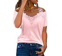 Spitzen Oberteile Damen Sommer,Bluse Damen Elegant,Tshirt Damen Kurzarm V Ausschnitt Tunika Tops mit Spitze Träger Shirts Schulterfreies Oberteil Lässige Hemd T-Shirt Blusen & Tuniken für Frauen