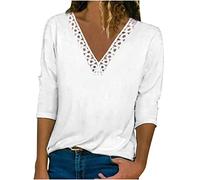 Spitzen Oberteile Damen Sommer - Shirt 3/4 Arm Damen -Bluse Damen Elegant V-Ausschnitt T-Shirt mit Blumen Aufdruck Häkel Spitzenbesatz Blusenshirt Tunika Tops Blusen & Tuniken für Frauen